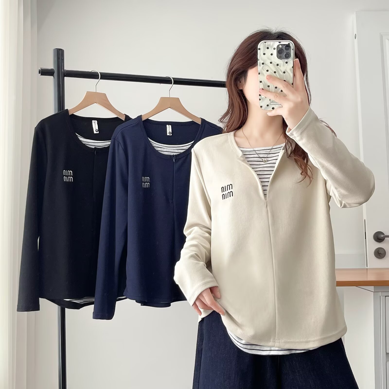 大码女装胖MM隐形拉链休闲假两件长袖卫衣时尚显瘦圆领套头上衣