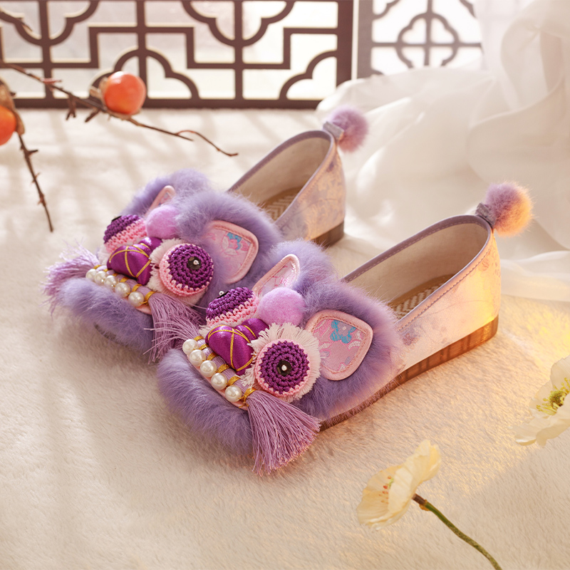 虎头鞋成人平底真兔毛牛筋底绣花鞋紫色中国风非遗单鞋手工布鞋女
