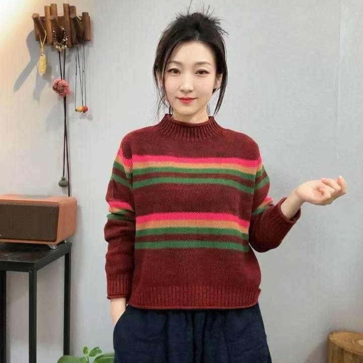 3693秋冬短款套头彩虹百搭复古新款撞色半高领针织衣长49胸围110