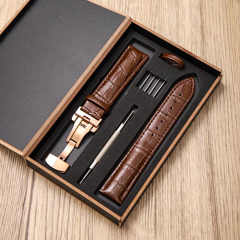 真皮手表带男女针扣蝴蝶扣纯牛皮表链防水透气代用天梭天王DW浪琴