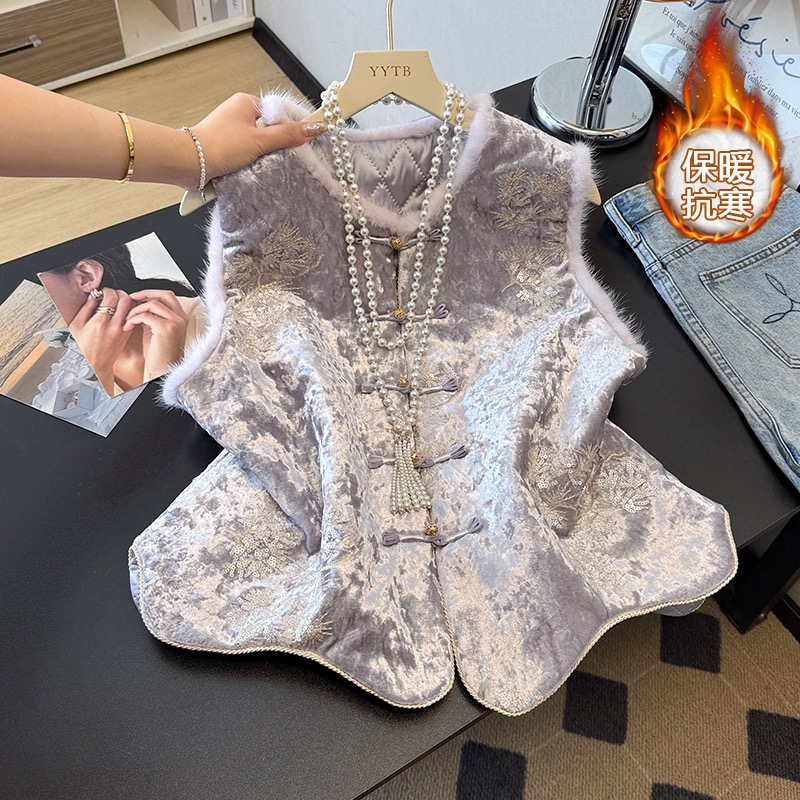 【加棉加厚】新中式国风刺绣水貂毛拼接显瘦马甲秋冬新款百搭上衣