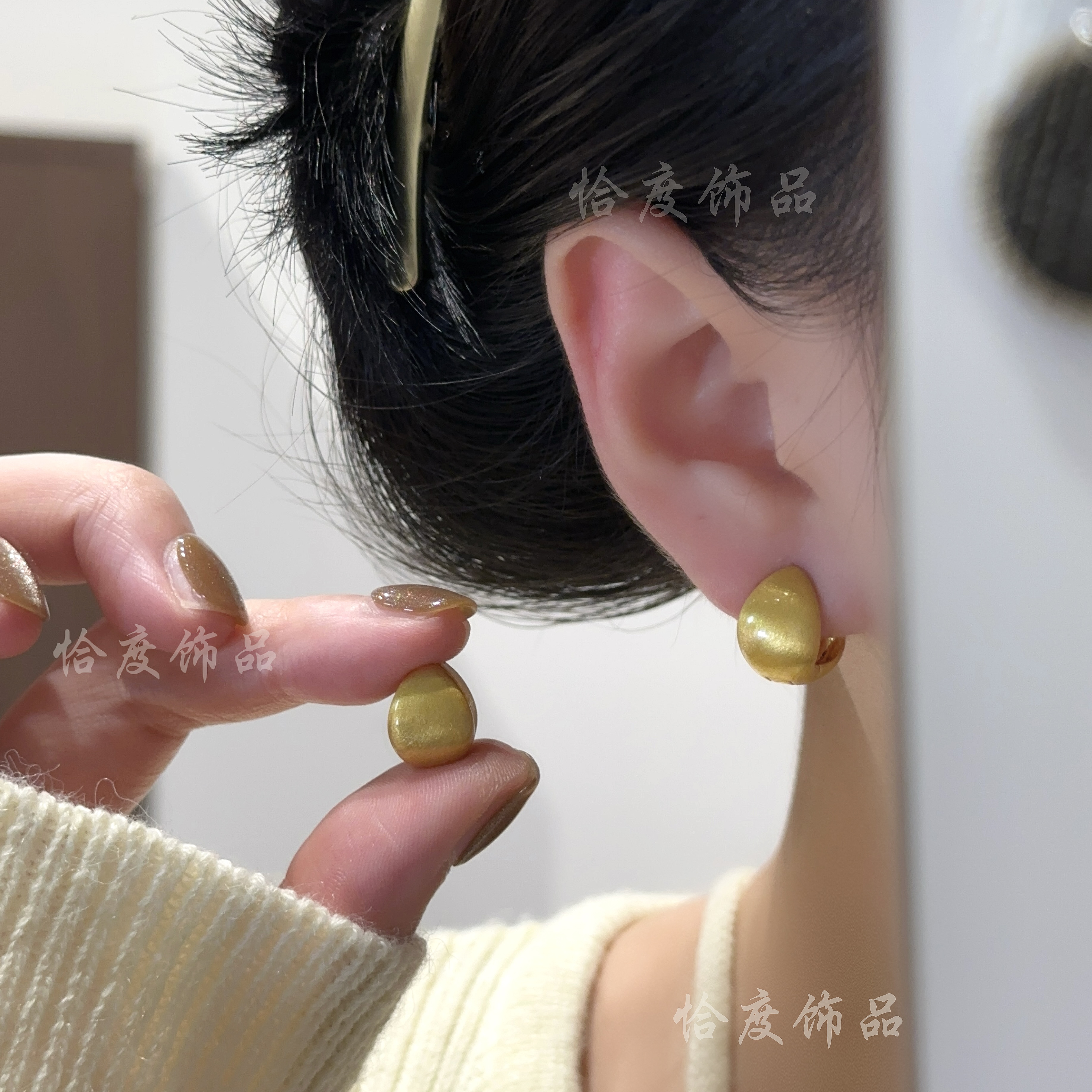【恰度】金色拉丝水滴耳扣轻奢重工设计