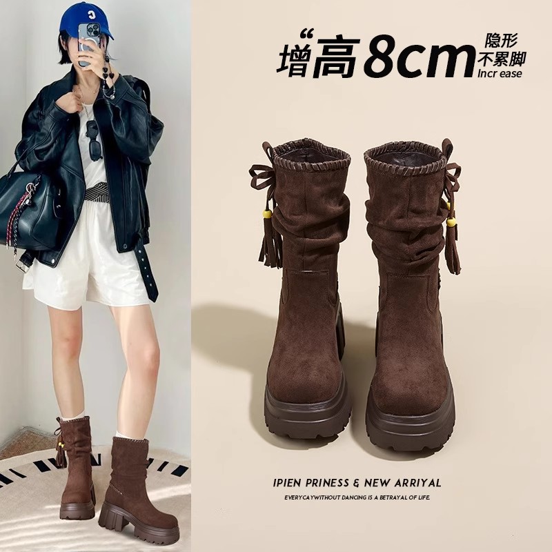 西瑞女鞋冬季新款美拉德流苏靴纯色套筒马丁靴中筒小个子裤管靴