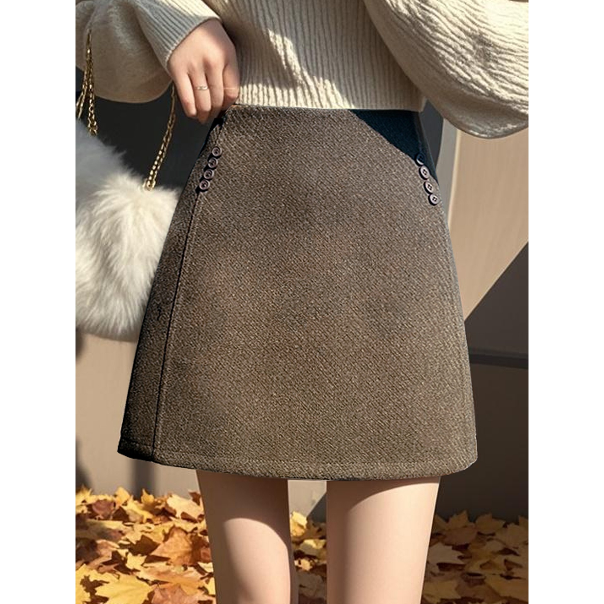 咖色毛呢西装半身裙女秋冬季2025新款小个子高腰显瘦a字包臀短裙