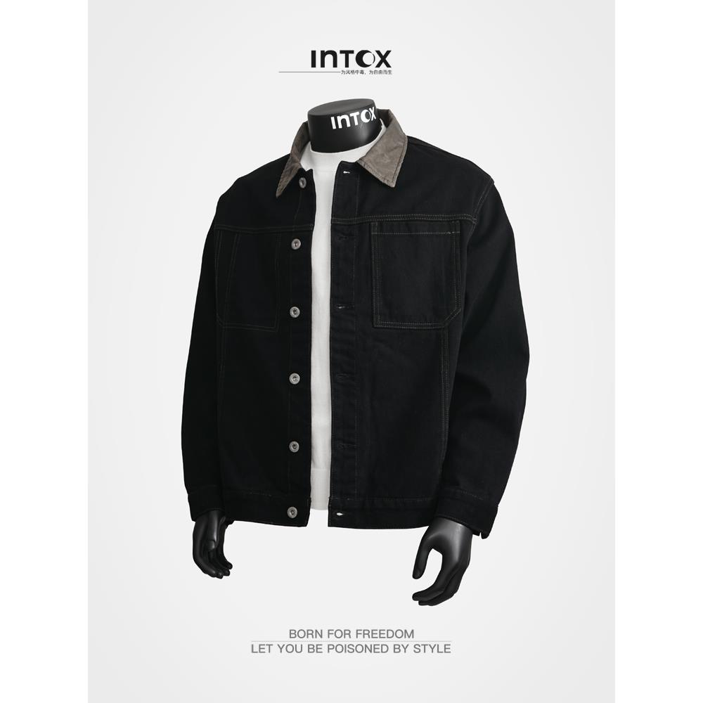丨复古黑色牛仔夹克男翻领撞色皮领设计秋季休闲工装外套潮体恤