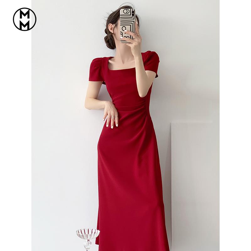 红色短袖连衣裙女夏季法式订婚礼服敬酒服日常可穿收腰红裙子长裙