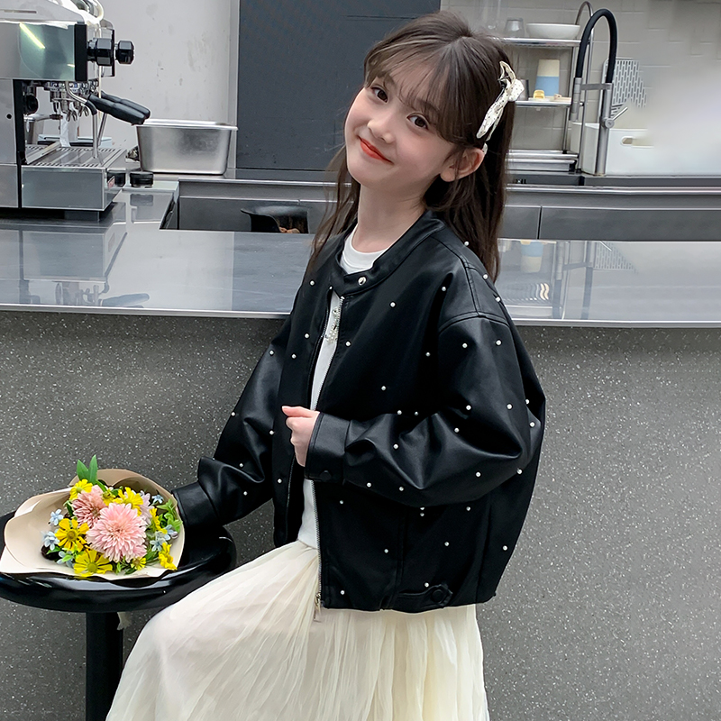 女童外套春秋款2025新款洋气儿童秋装时尚皮衣小女孩秋季炸街上衣