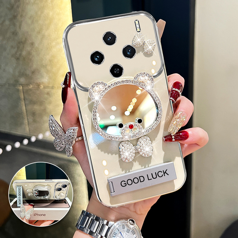 适用vivox100/pro领结熊补妆镜大视窗手机壳创意电镀防摔网红女款