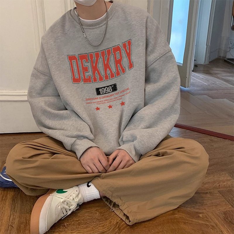 美式创意字母印花浅灰色圆领卫衣男秋冬潮牌休闲百搭情侣宽松上衣
