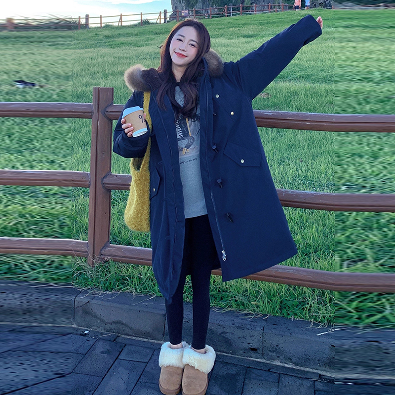 牛角扣大毛领棉服女中长款宽松棉服棉衣加厚2025冬季新款袄外套