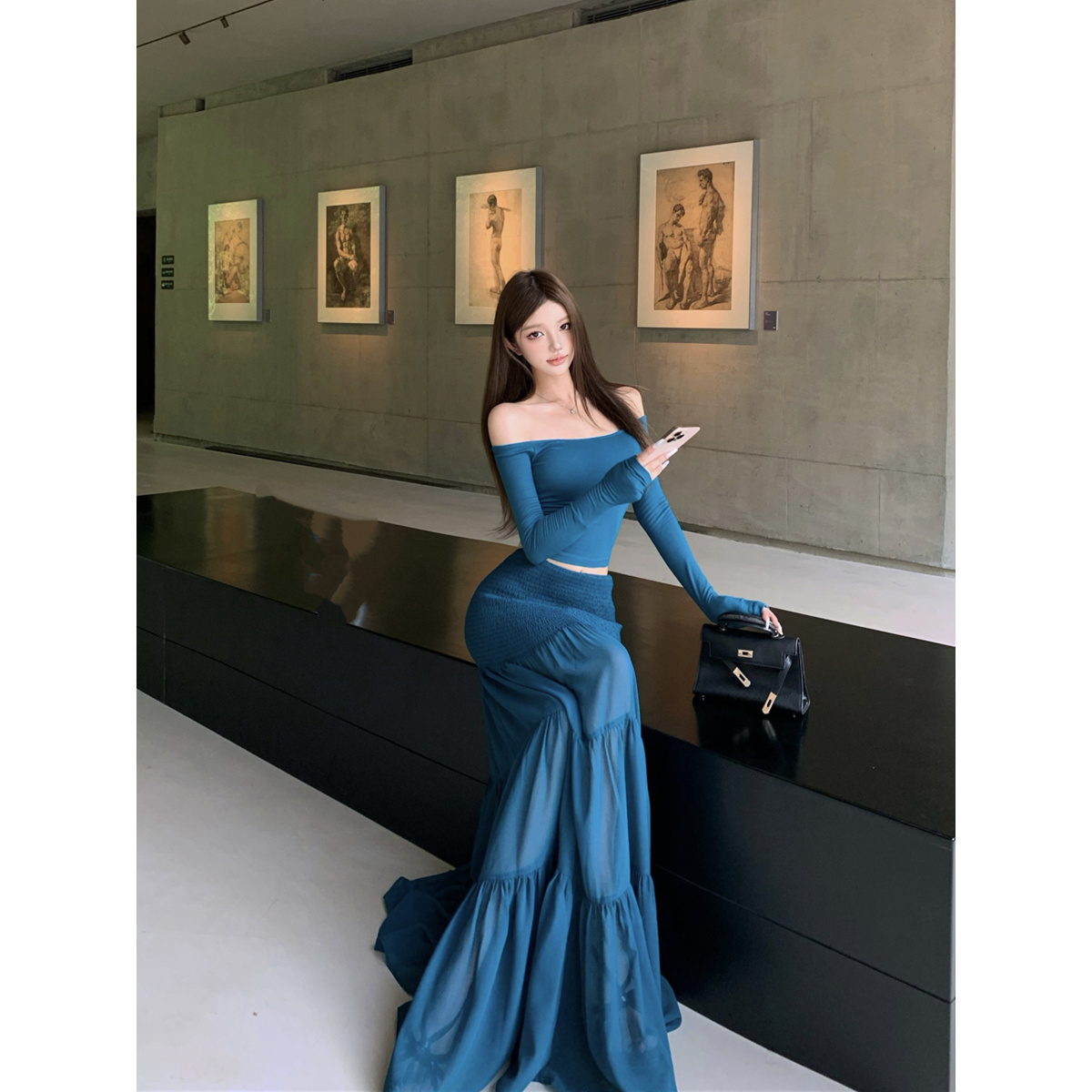 超火纯色一字肩长袖针织简约T恤+打揽大摆裙长裙半身裙女