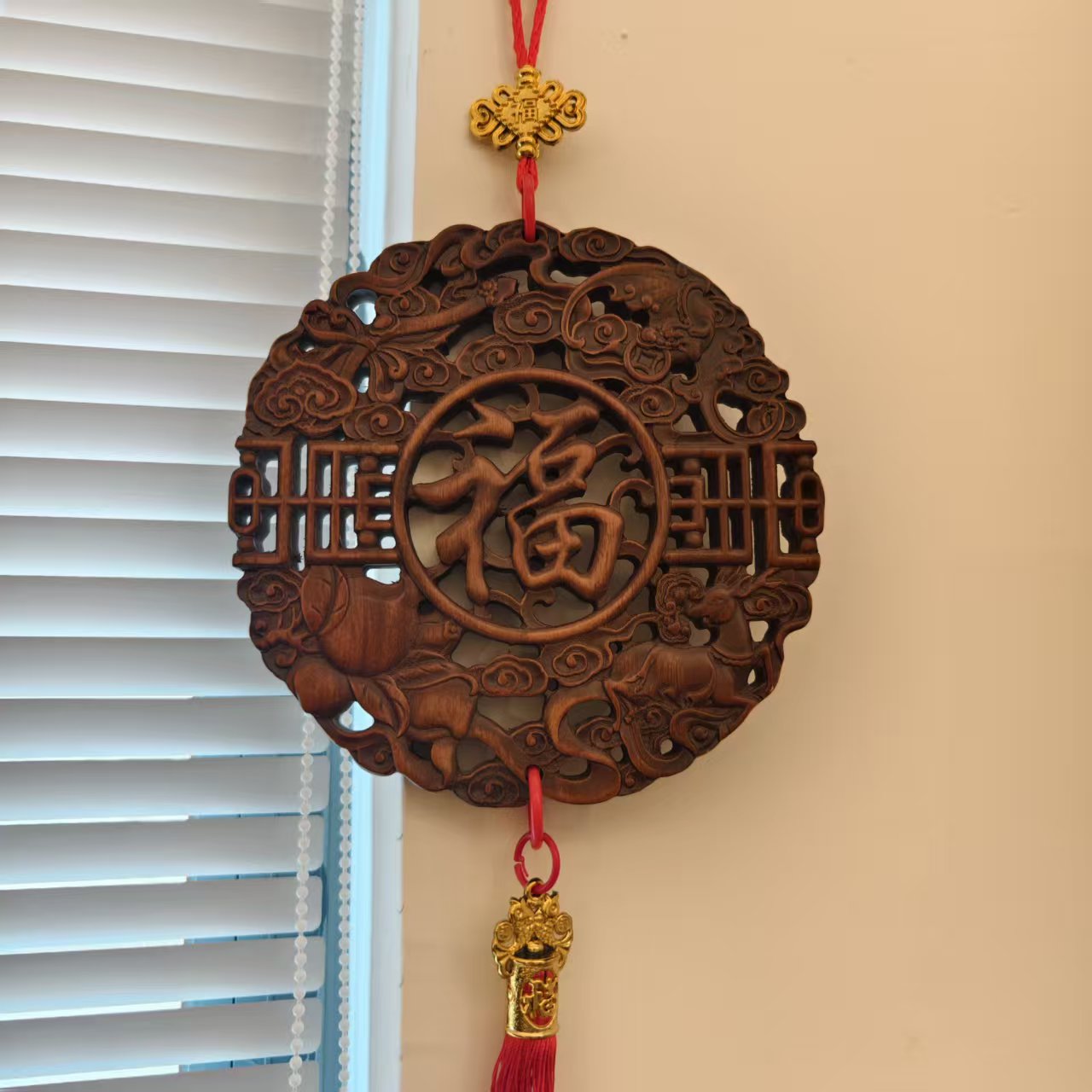 【福禄寿喜】香樟木福挂精雕春节新年挂件摆件20cmXZGS-06（有香味）