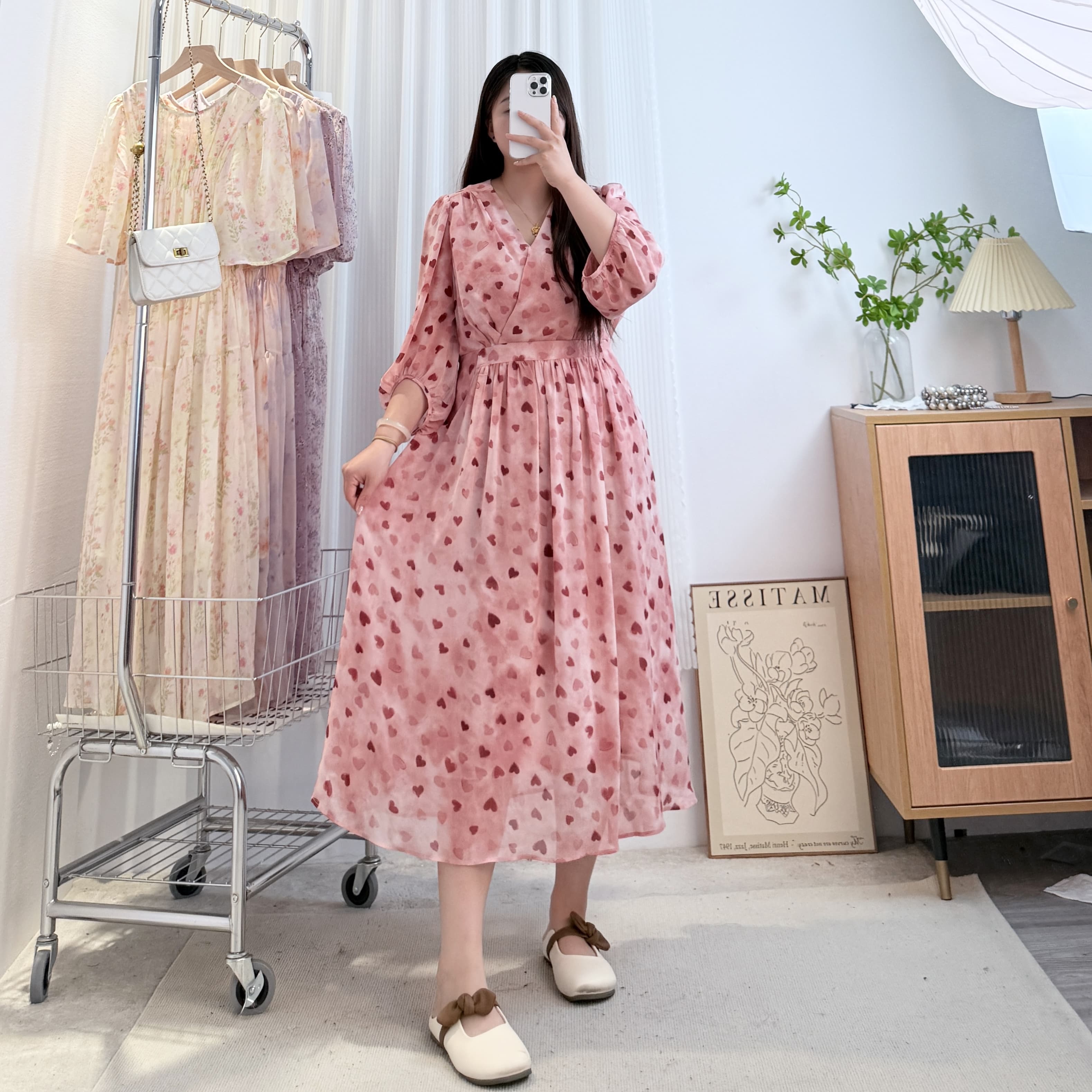 时尚气质【红色爱心】V领高腰大码胖mm中长款气质碎花裙中袖长裙