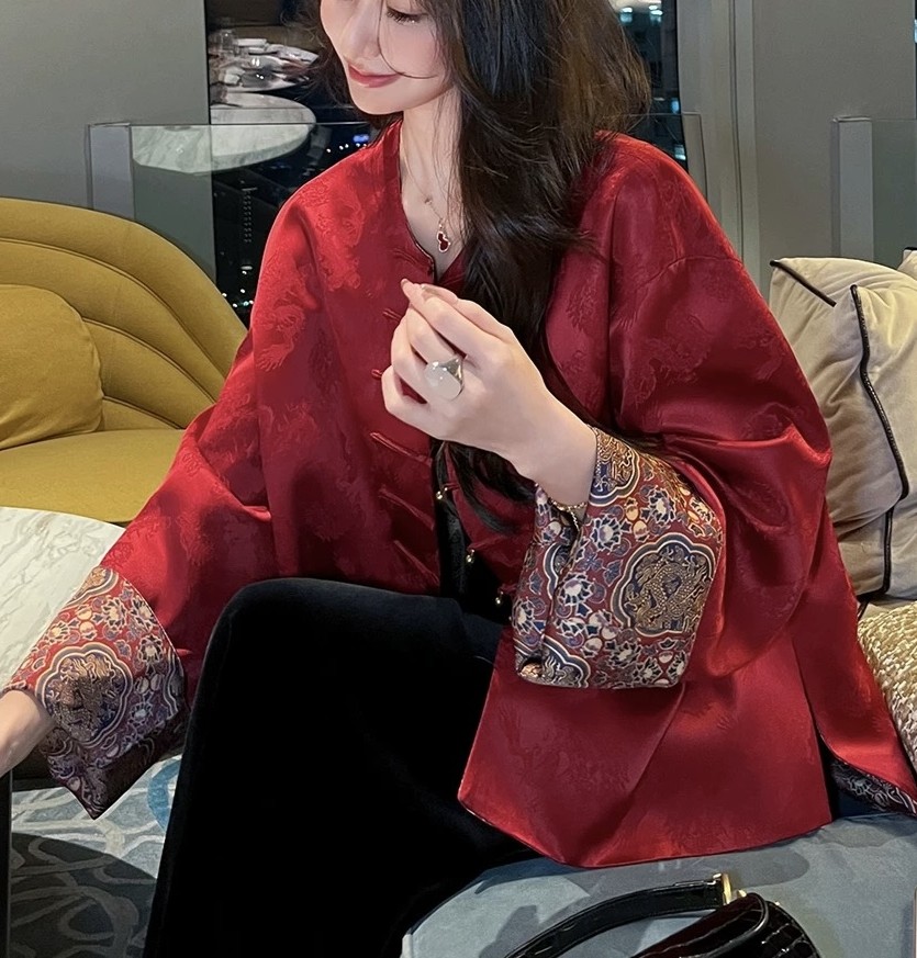 【蟠龙】醋酸双面双穿红色新中式复古时尚国风圆领盘扣外套女