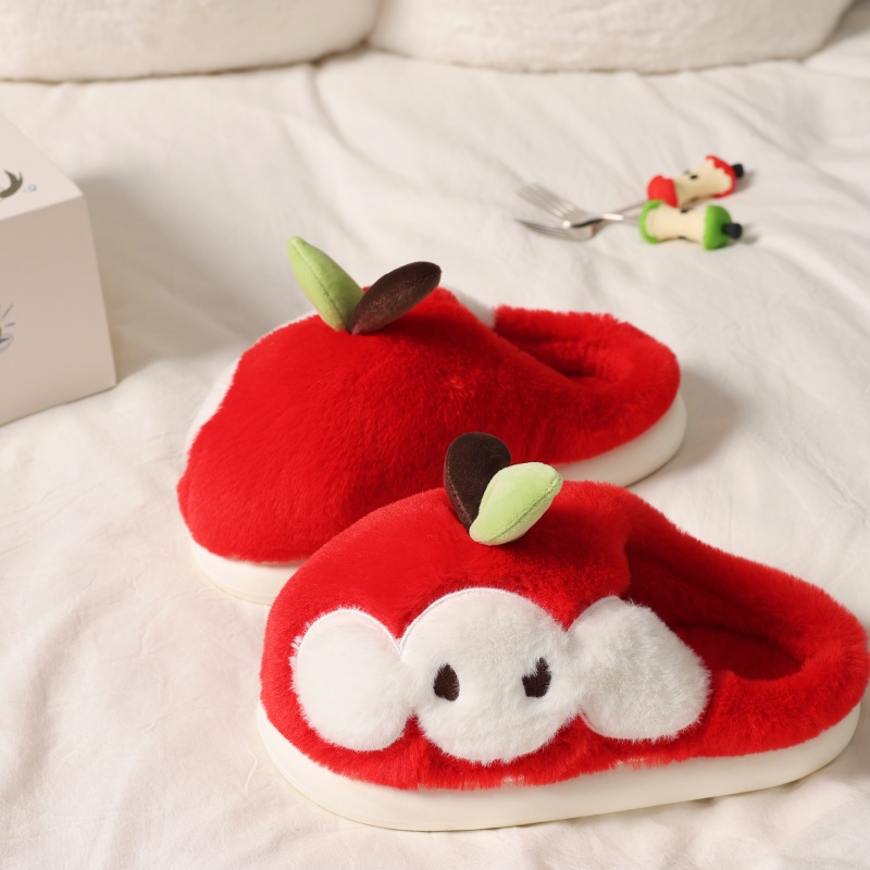 暖之缘 卡通苹果毛毛拖鞋女秋冬季室内家用厚底保暖情侣毛绒拖