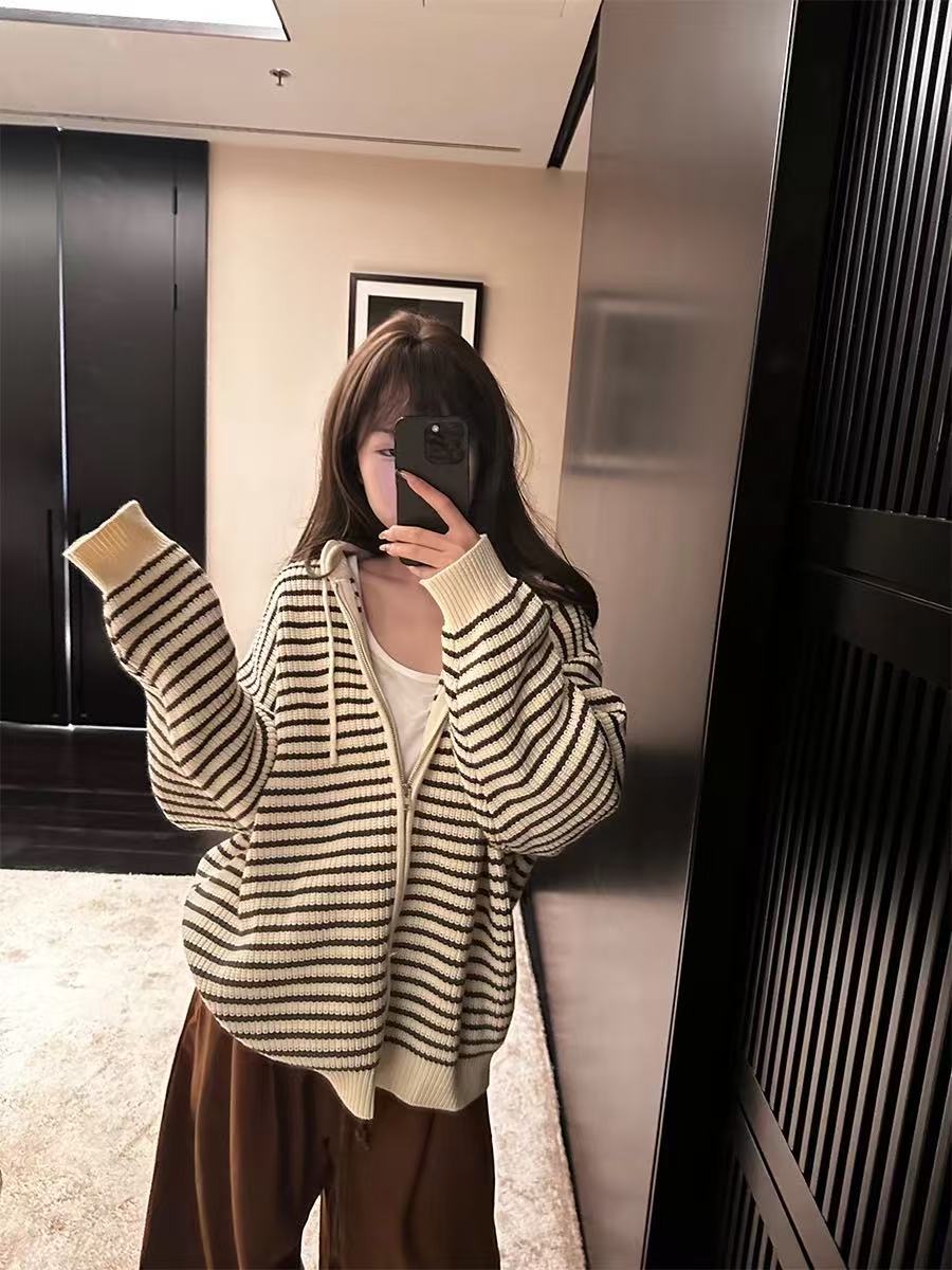 杏色抽绳连帽条纹针织开衫女秋季韩版宽松加厚毛衣外套女