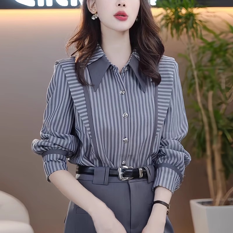 法式条纹衬衫女士2025秋季新款高级感时尚休闲减龄洋气设计感上衣