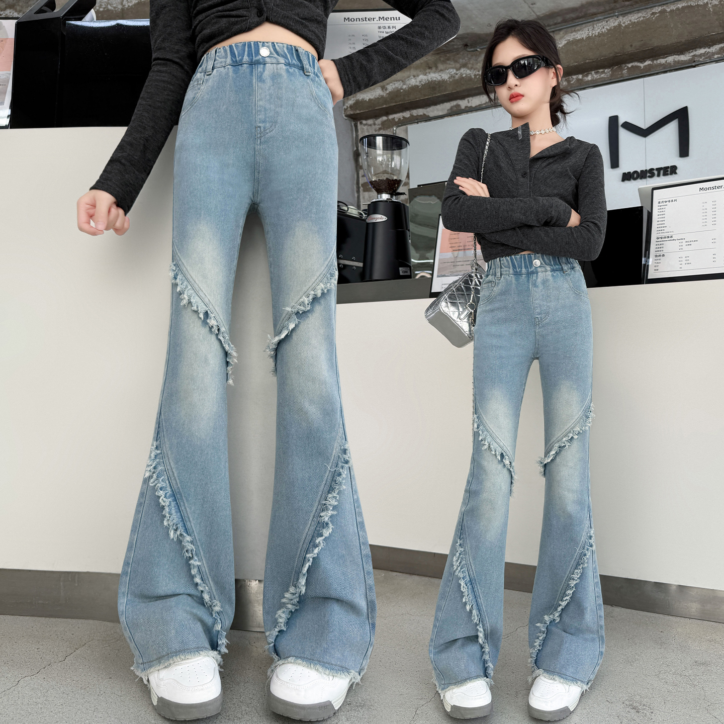 女童裤子2025新款儿童秋装牛仔裤中大童毛边喇叭裤女孩秋季牛仔裤