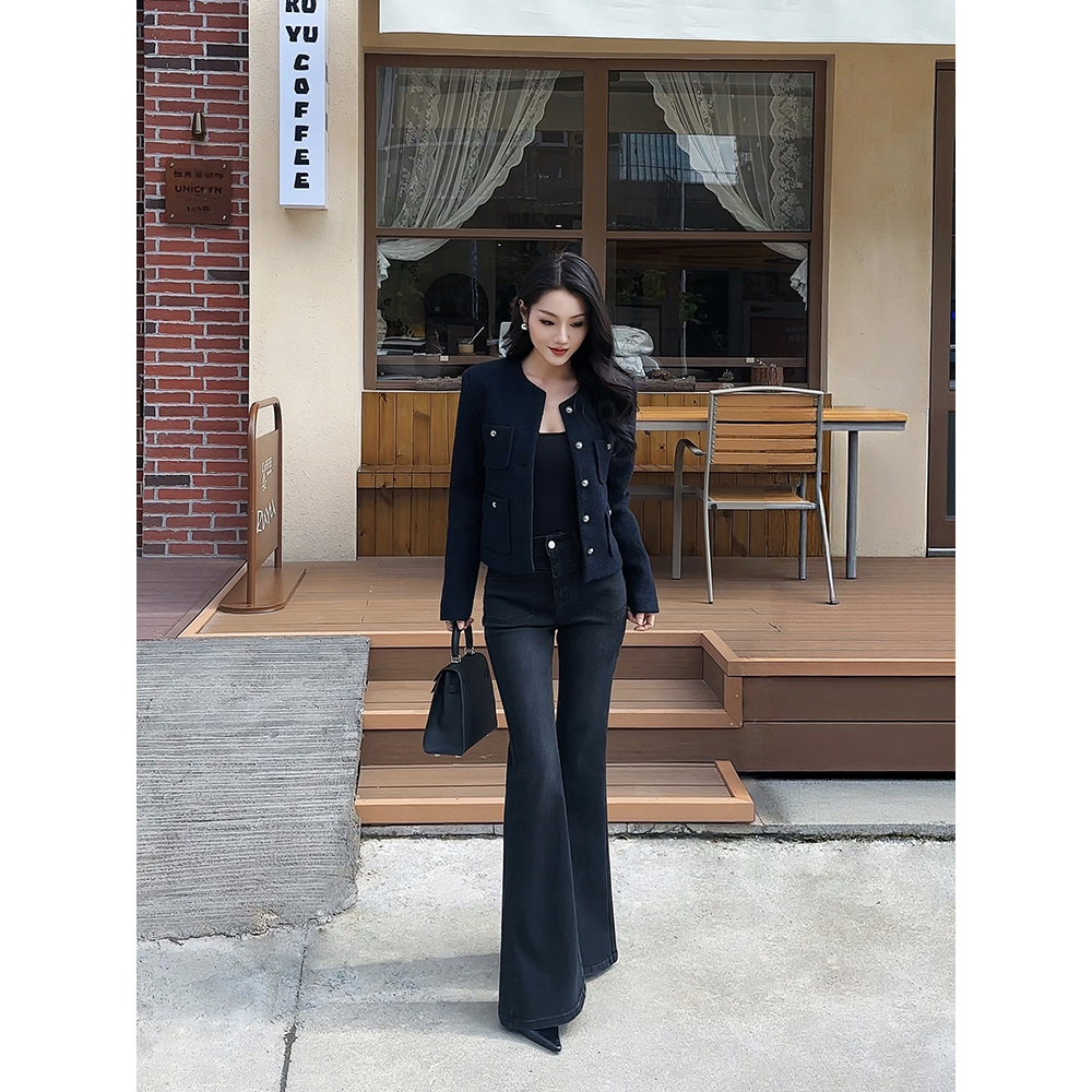 2025秋季新款黑灰色高腰微喇牛仔裤女修身显瘦时尚有狂欢季好物