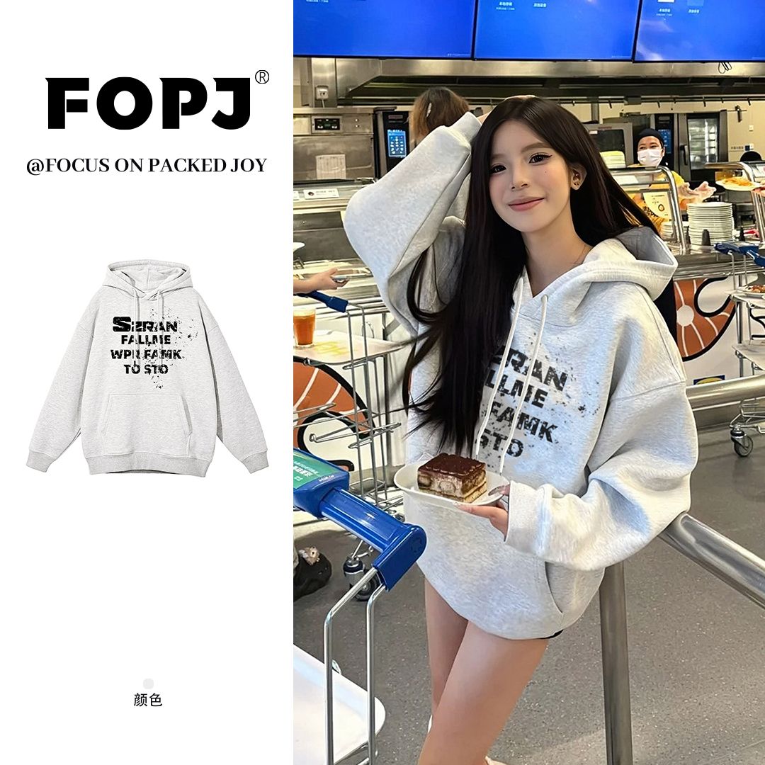 FOPJ秋冬新款美式复古慵懒风字母印花连帽卫衣女潮流百搭休闲上衣