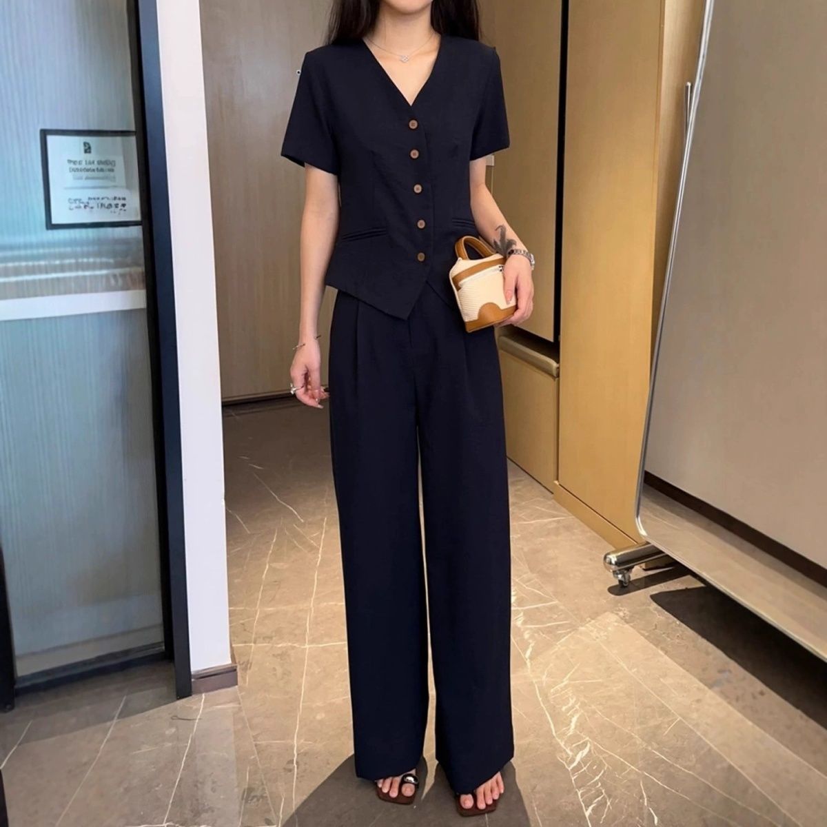 意式轻奢慵懒休闲套装女透气短袖衬衫高腰宽松阔腿裤减龄两件套