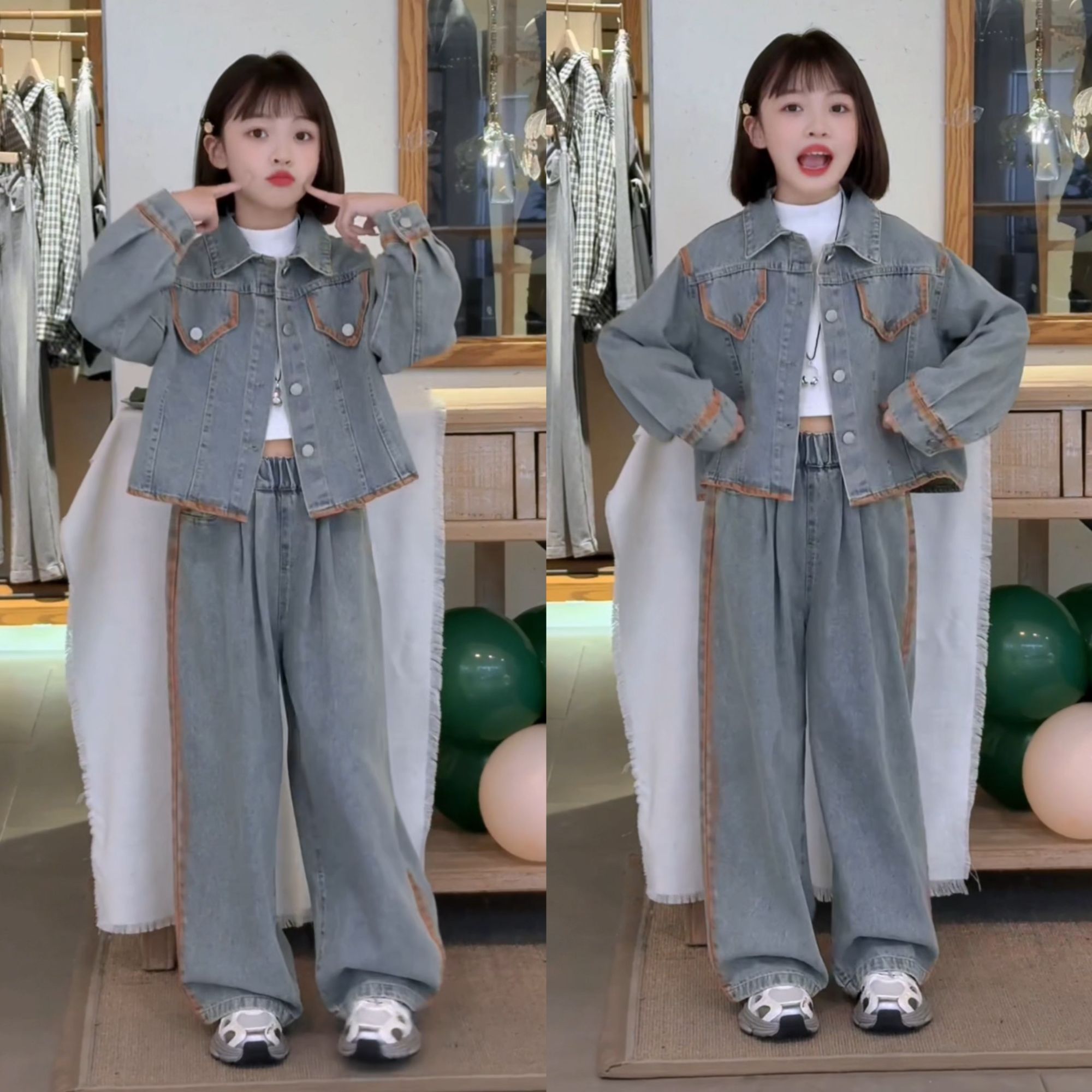 纯色单排扣秋款休闲女童牛仔套装洋气外套宽松牛仔女童两件套