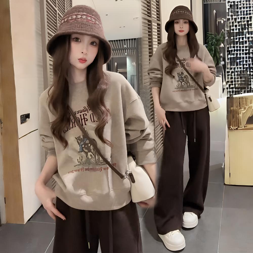 时尚套装女宽松秋季新款慵懒风圆领印花卫衣上衣休闲阔腿裤两件套