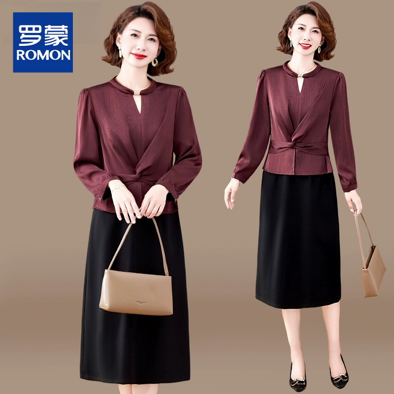 喜婆婆婚宴装2025新款洋气妈妈秋装假两件连衣裙中老年女春秋裙子