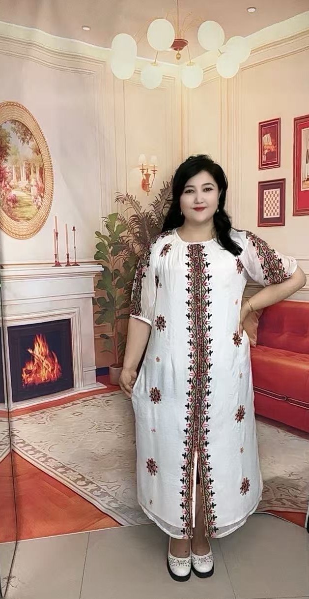 大码连衣裙喇叭袖吸汗套头常规七分袖挂脖欧美风