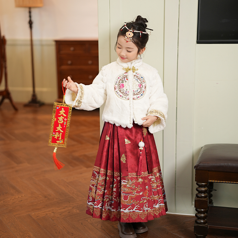 53165女童马面裙套装加绒加厚拜年服冬儿童中式国风汉服唐装冬季
