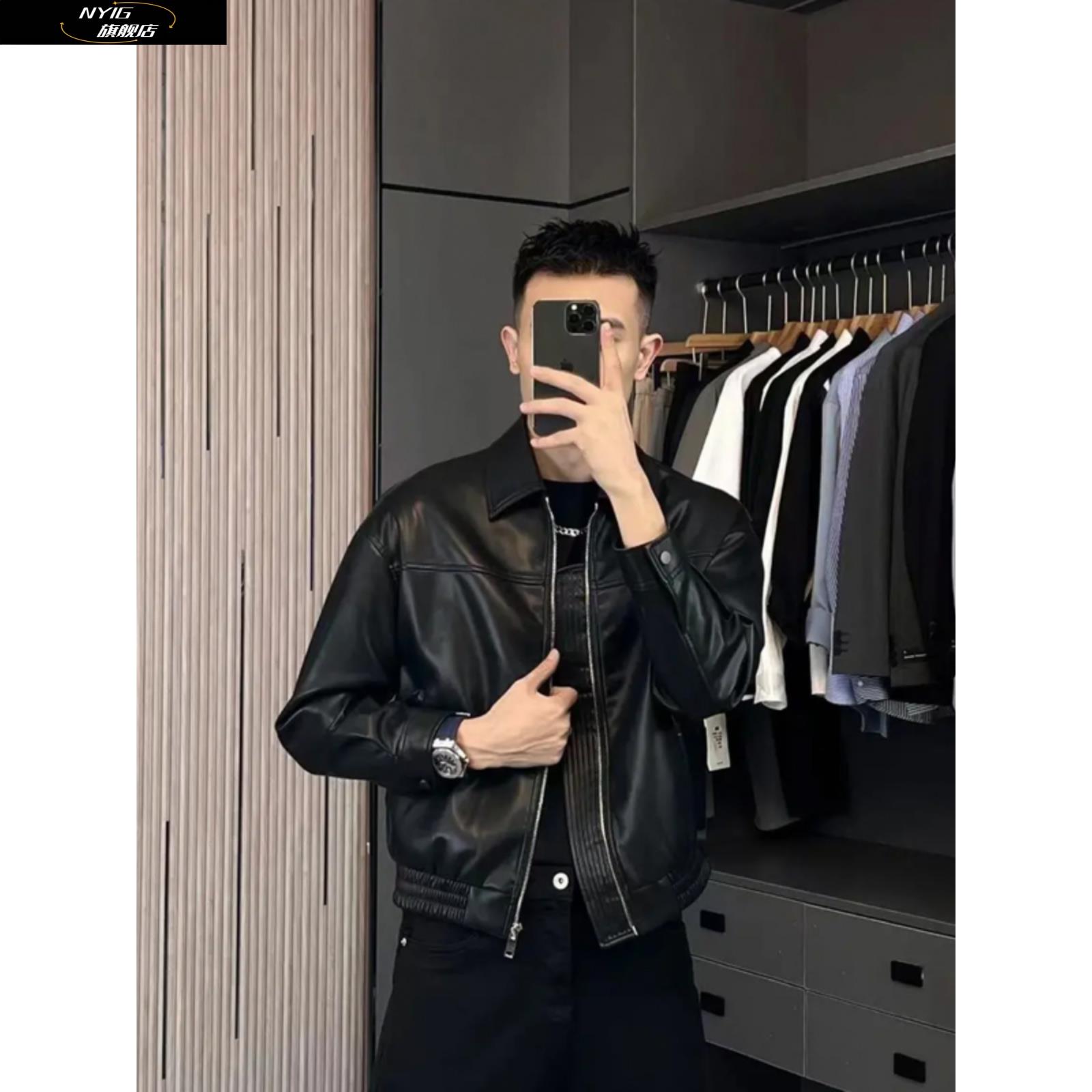 NYIG男士翻领简约皮衣外套秋秋新款机车夹克休闲潮牌美式复古上衣