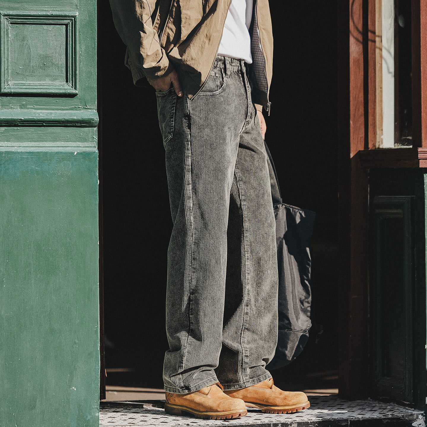 格蓝鹿高端潮牌竖条纹直筒牛仔裤男士秋冬款宽松休闲阔腿长裤子潮