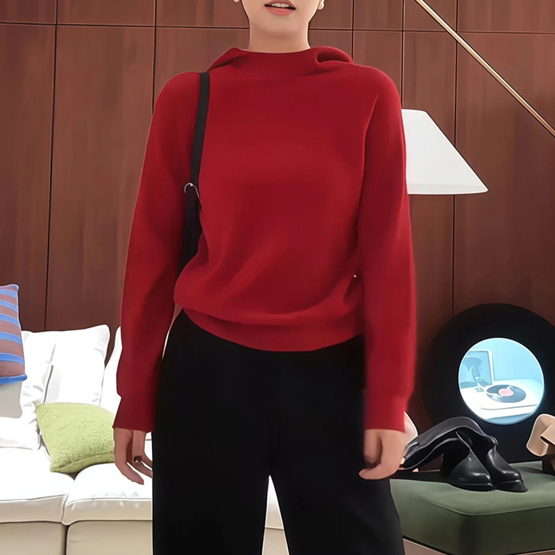 秋日穿搭红色长袖卫衣女2026新款韩系巨好看绝美时尚高领针织上衣