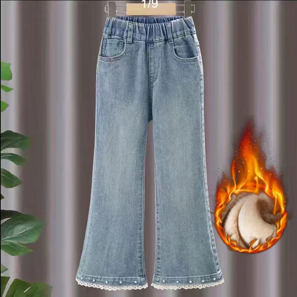 女童加绒牛仔裤秋冬6-12岁儿童加厚钻石喇叭裤一体绒休闲裤子大童