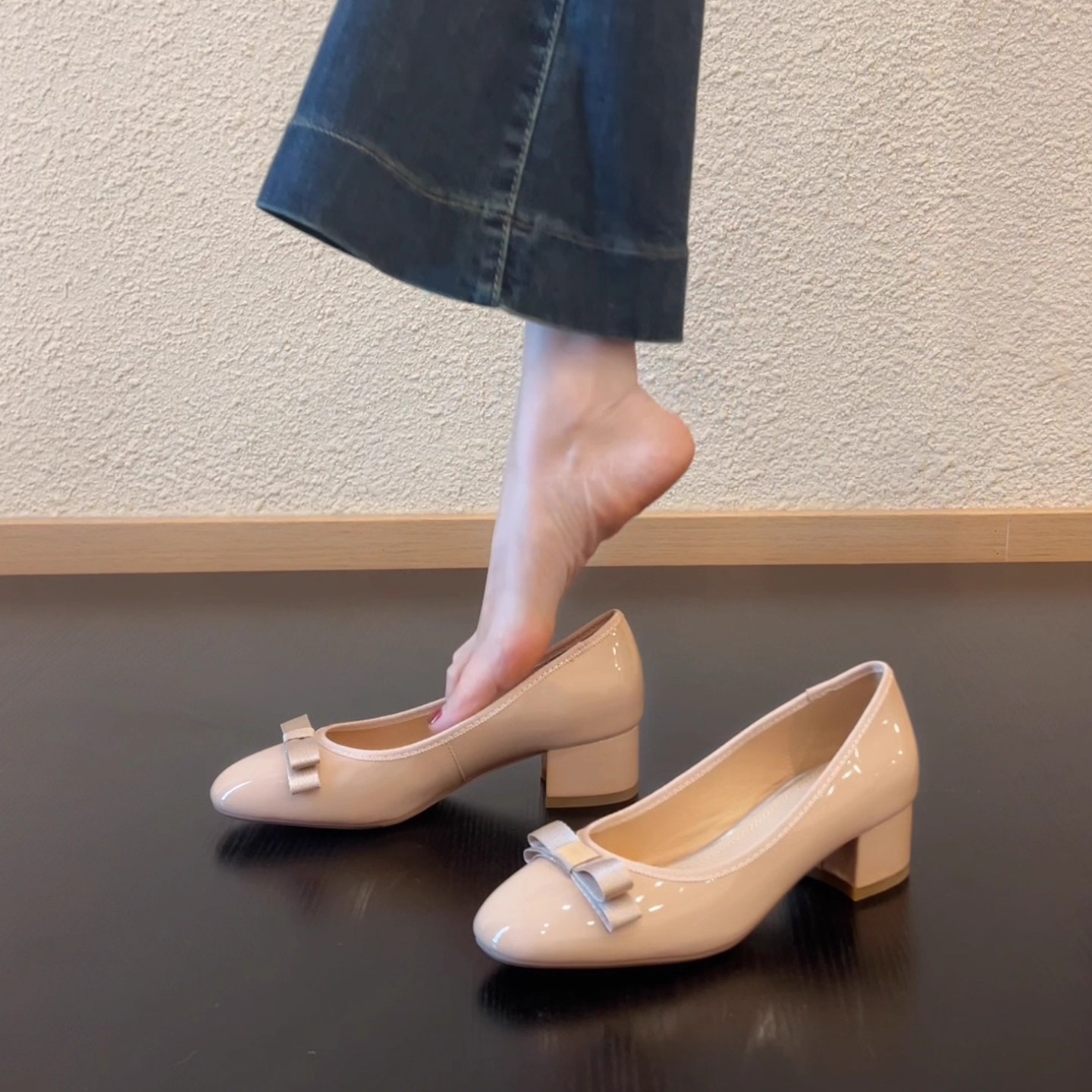 Pokoy-4cm粗跟小方头蝴蝶结单鞋浅口女配裙子