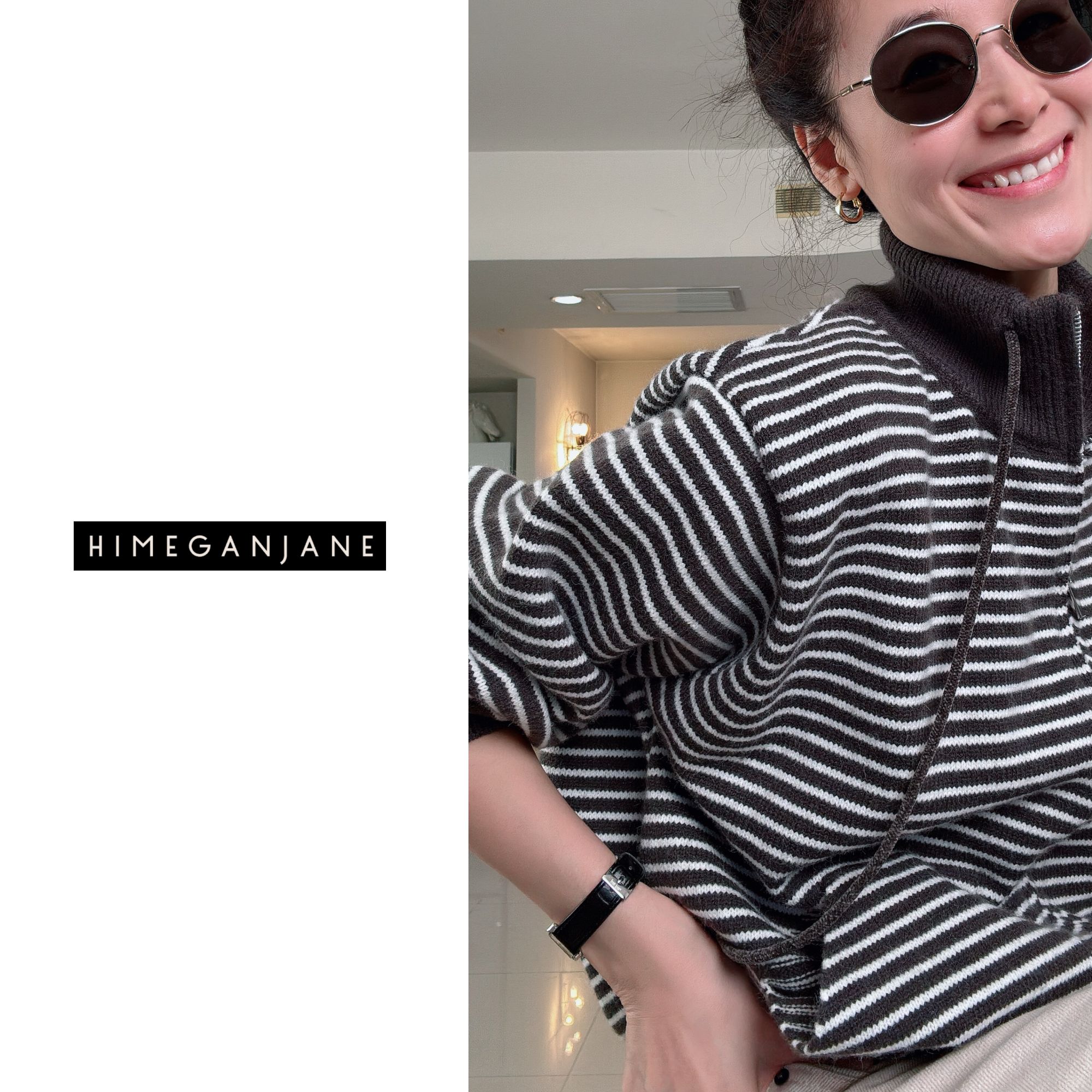 HIMEGANJANE“随性腔调”经典条纹立领慵懒针织毛衣外套251699