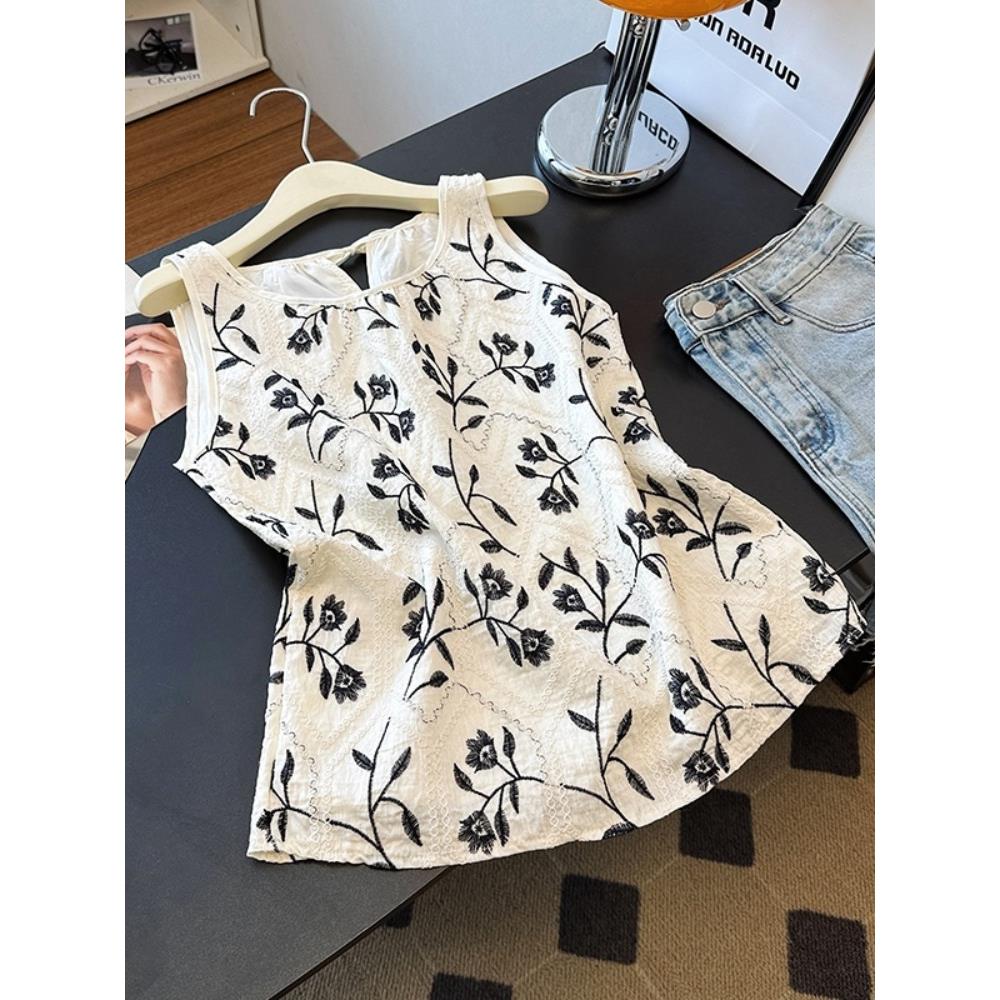 韩系重工刺绣亚麻背心女2025夏款系带蝴蝶结吊带衫度假风无袖上衣