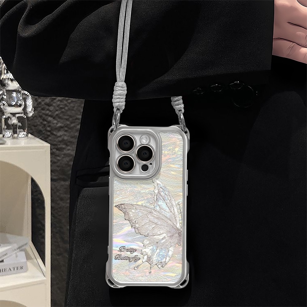 适用流光蝴蝶于苹果16高级感时尚四角挂绳手机壳华为OPPO小米VIVO