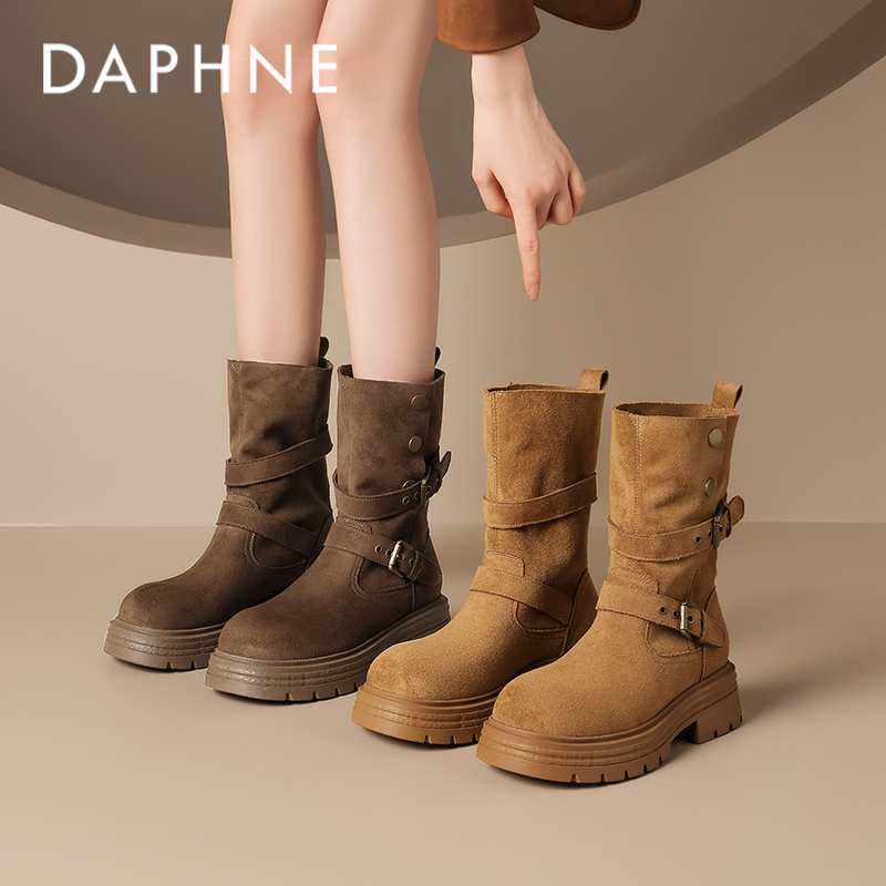 达芙妮靴子复古英伦风厚底马丁靴女秋季单靴西部牛仔靴皮带扣短靴