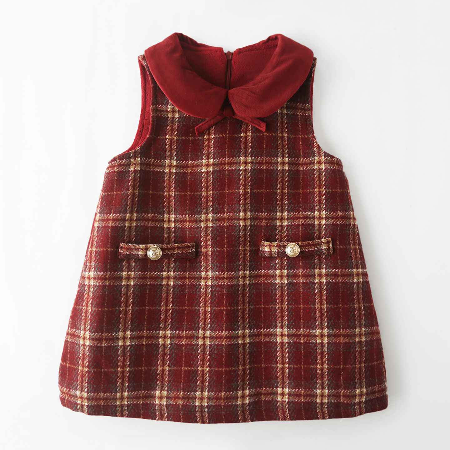 女童毛呢背心裙儿童装连衣裙加绒打底秋冬裙子女孩宝宝格子马甲裙