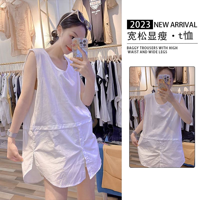 欧货大码胖mm300斤设计感拼接宽松T恤女夏季洋气圆领开叉无袖上衣