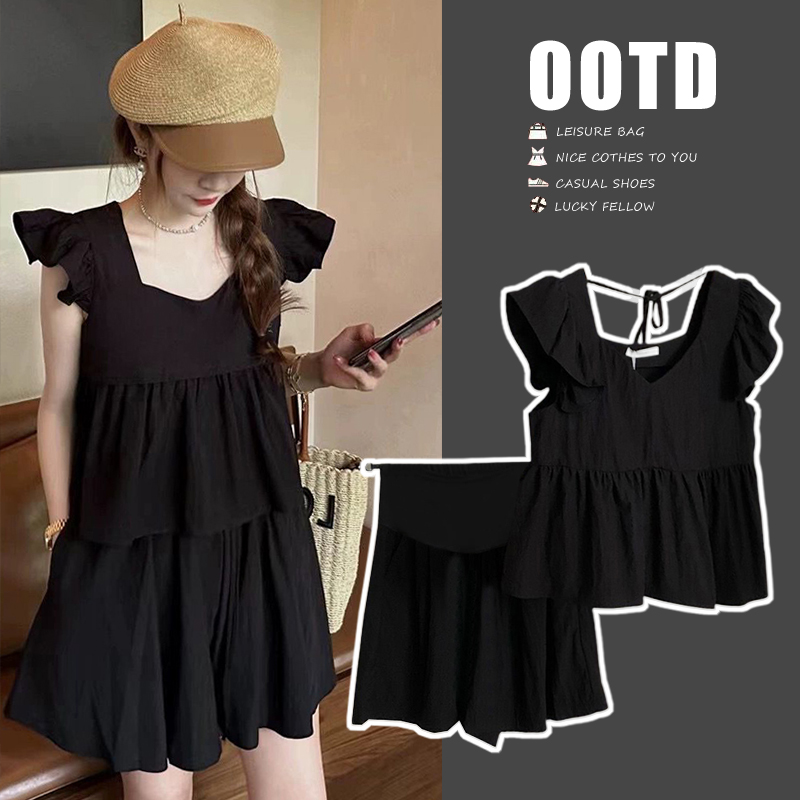 时髦孕妇装新款夏季套装显瘦网红洋气时尚款小飞袖上衣加短裤套装