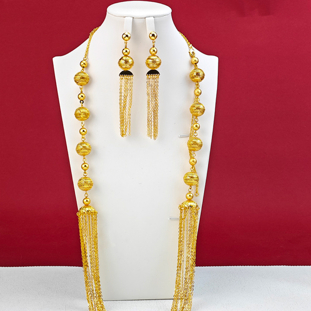 铜合金项链 【古米】2/32中东迪拜简约铜镀金项链耳环长款两件套