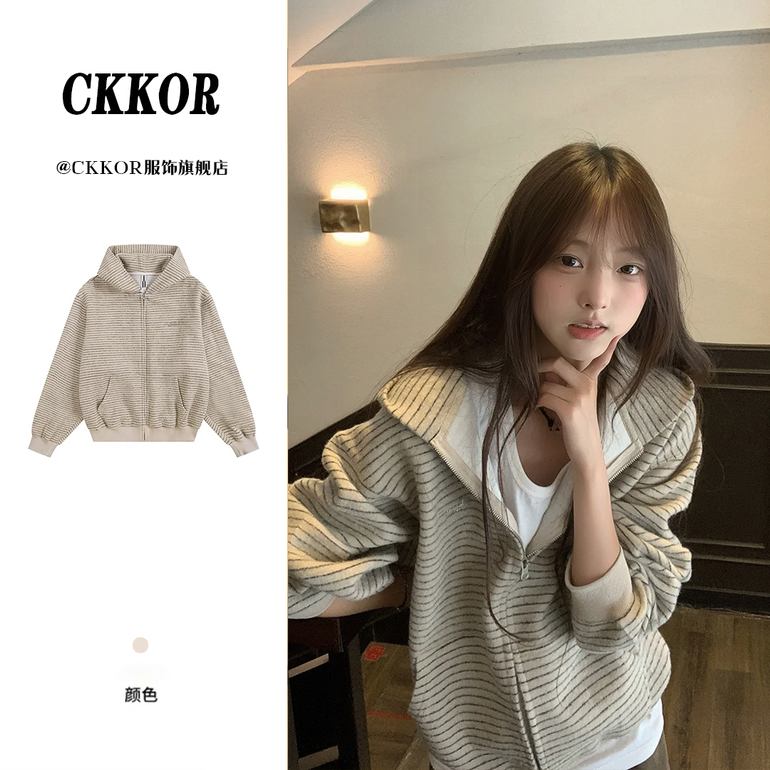 CKKOR早秋新款美式慵懒条纹连帽卫衣女时尚潮流宽松情侣款短外套