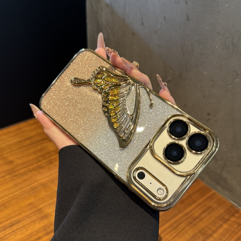 闪粉流沙立体蝴蝶适用于苹果17ProMax手机壳全包带镜头膜防摔高级