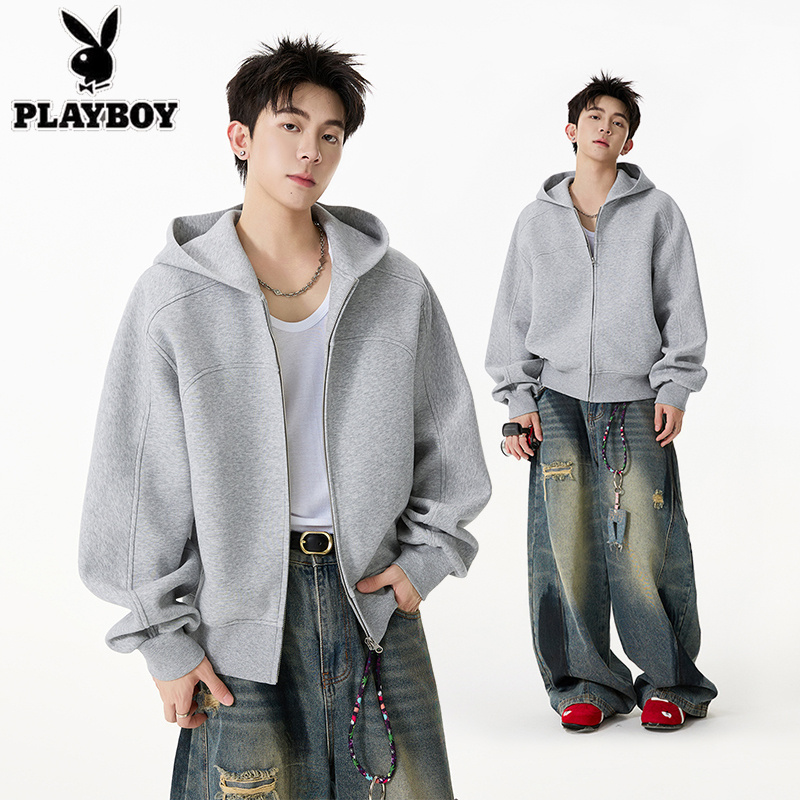 美式重磅解构纯色连帽卫衣男士秋冬季2025新款简约设计感百搭外套