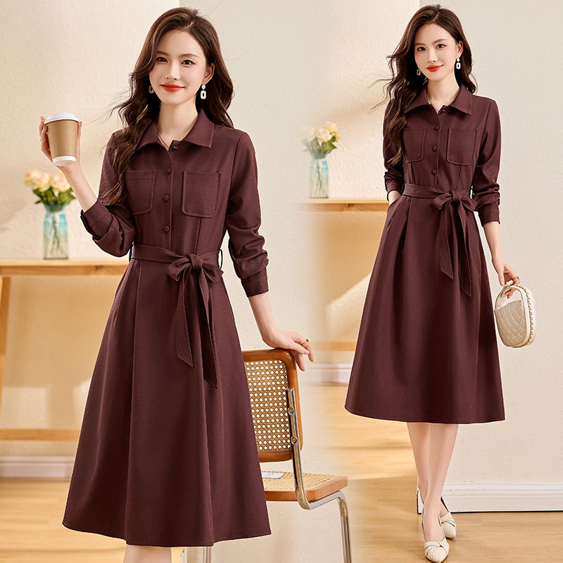 法式气质翻领衬衫连衣裙女2025春秋新款轻熟风系带收腰中长款裙子