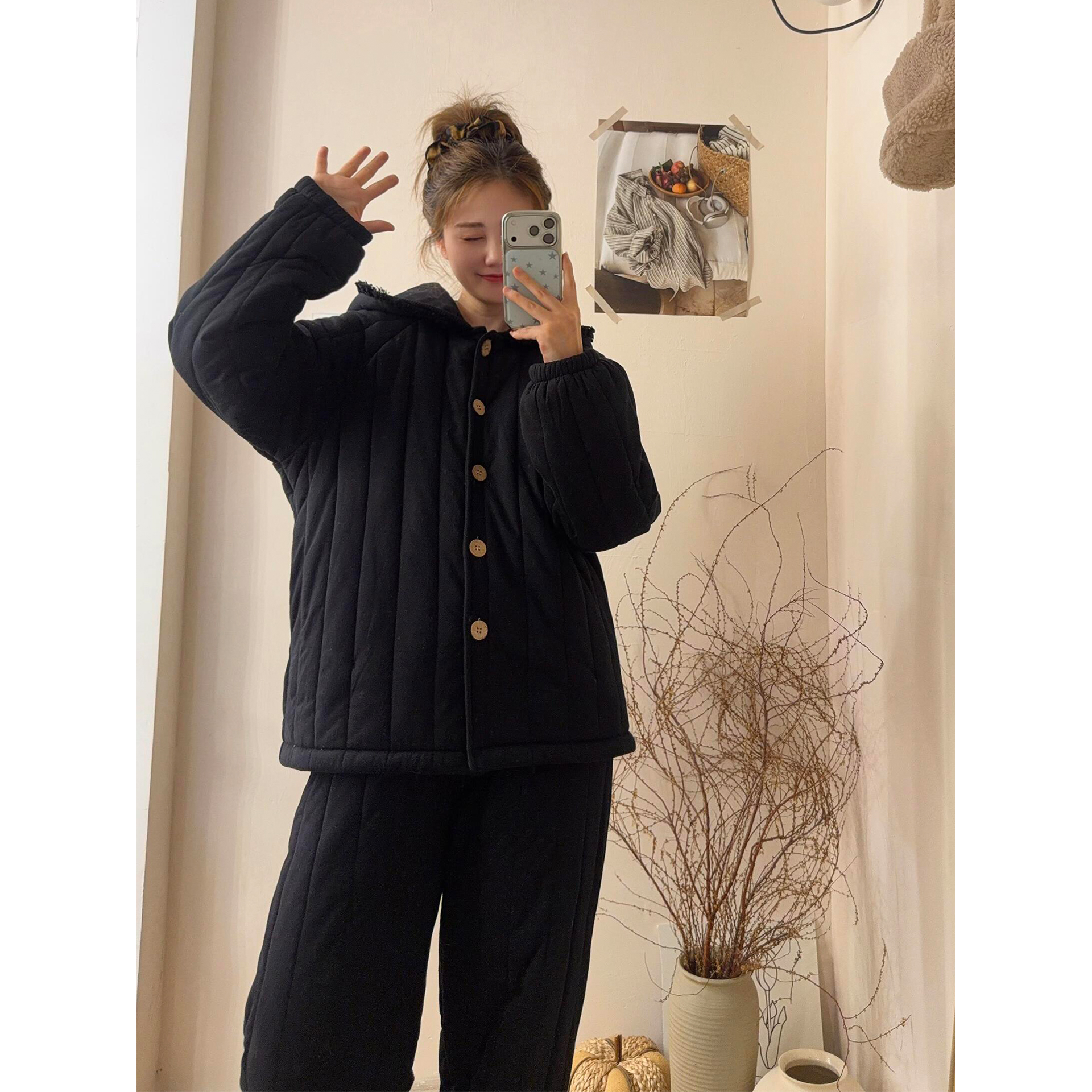 黑色连帽棉服外套三层夹棉睡衣女秋冬新款加厚保暖长裤家居服套装