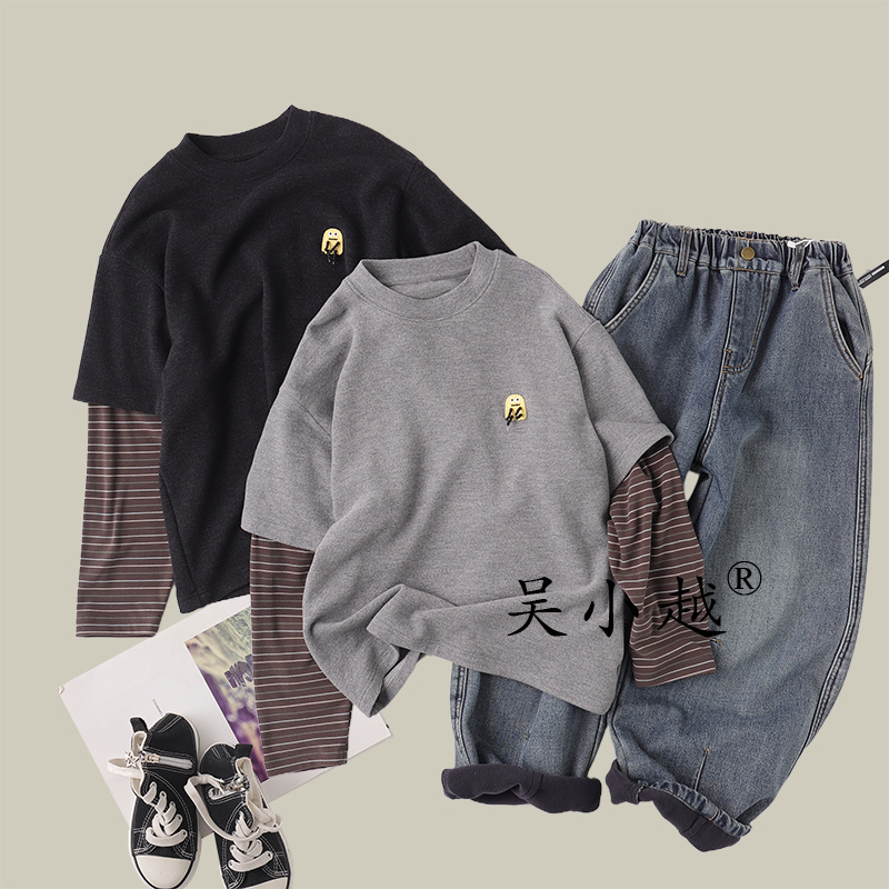 吴小越w1612男童打底衫秋款韩版拼接假两件贴标云朵绒t恤中大童