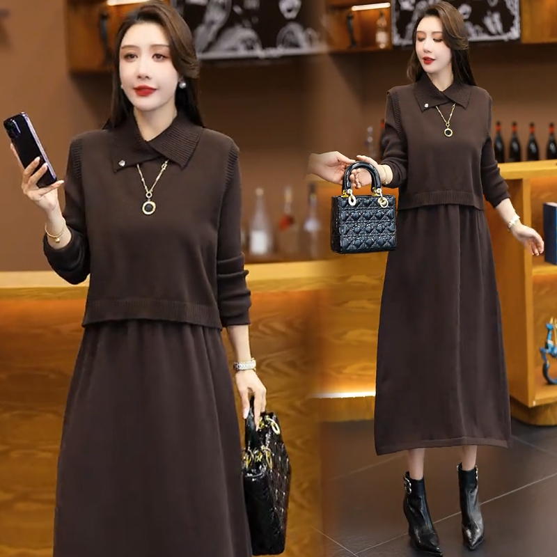 时尚套装裙女2025冬季新款洋气显瘦翻领针织马甲连衣裙减龄两件套